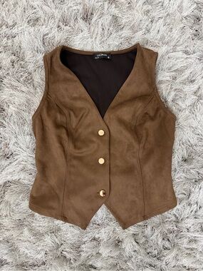 Lulumari Brown Faux Suede Vest with Gold Buttons